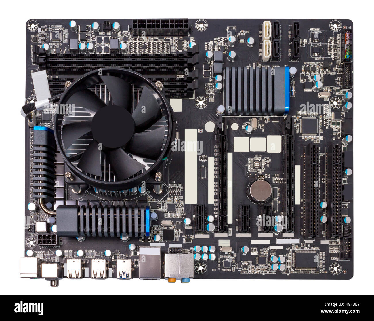 Carte mère ordinateur isolé sur fond blanc avec CPU cooler Banque D'Images
