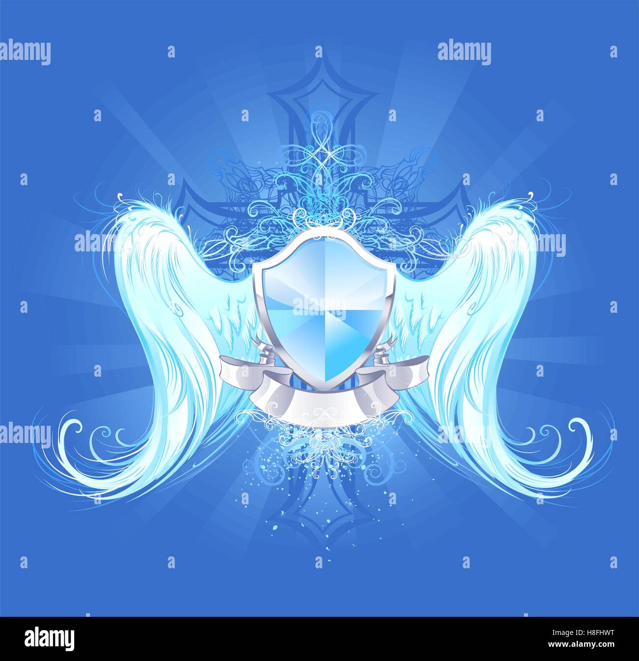 Bouclier bleu cristal avec ailes d'ange blanc artistiquement peints dans l'arrière-plan lumineux bleu, décoré d'une croix Illustration de Vecteur