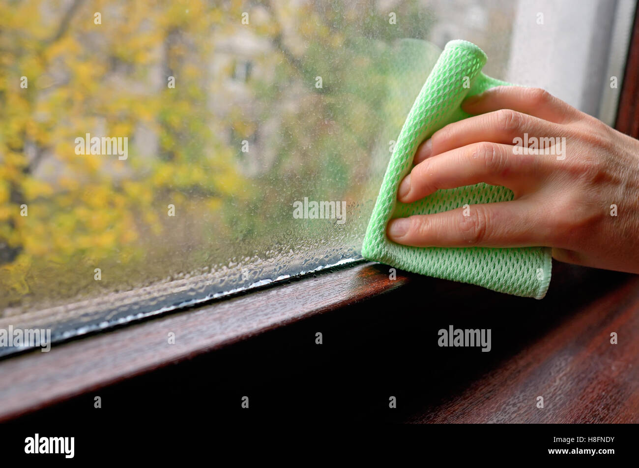 Woman cleaning la condensation de l'eau sur la fenêtre Banque D'Images