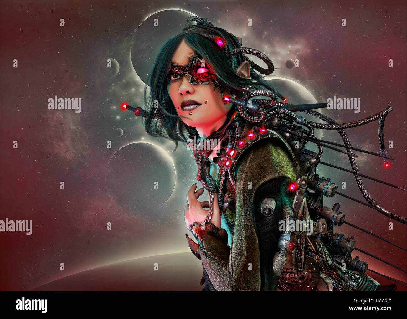 L'infographie 3D d'une femme cyborg avec des vêtements et de la coiffure dans le style science-fiction Banque D'Images