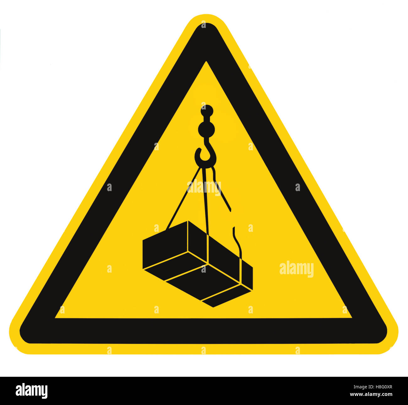 Les frais généraux de danger, risque de chute de charge de la grue, l'icône de connexion risque de fret isolé signalisation triangle noir sur jaune grand macro closeup Banque D'Images