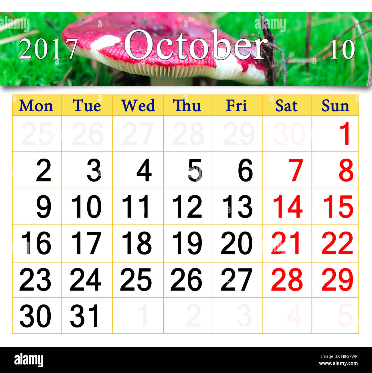 Calendrier pour Octobre 2017 avec le ruban de champignons russula Banque D'Images