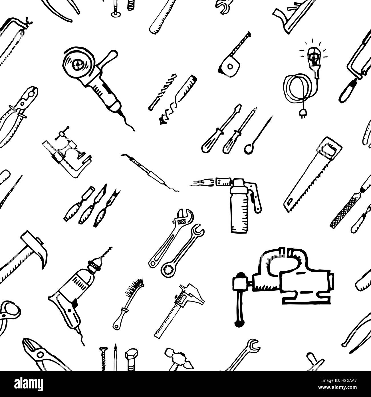 Outils à main pour la réparation. Faire vous-même. L'arrière-plan dessiné manuellement. Illustration de Vecteur