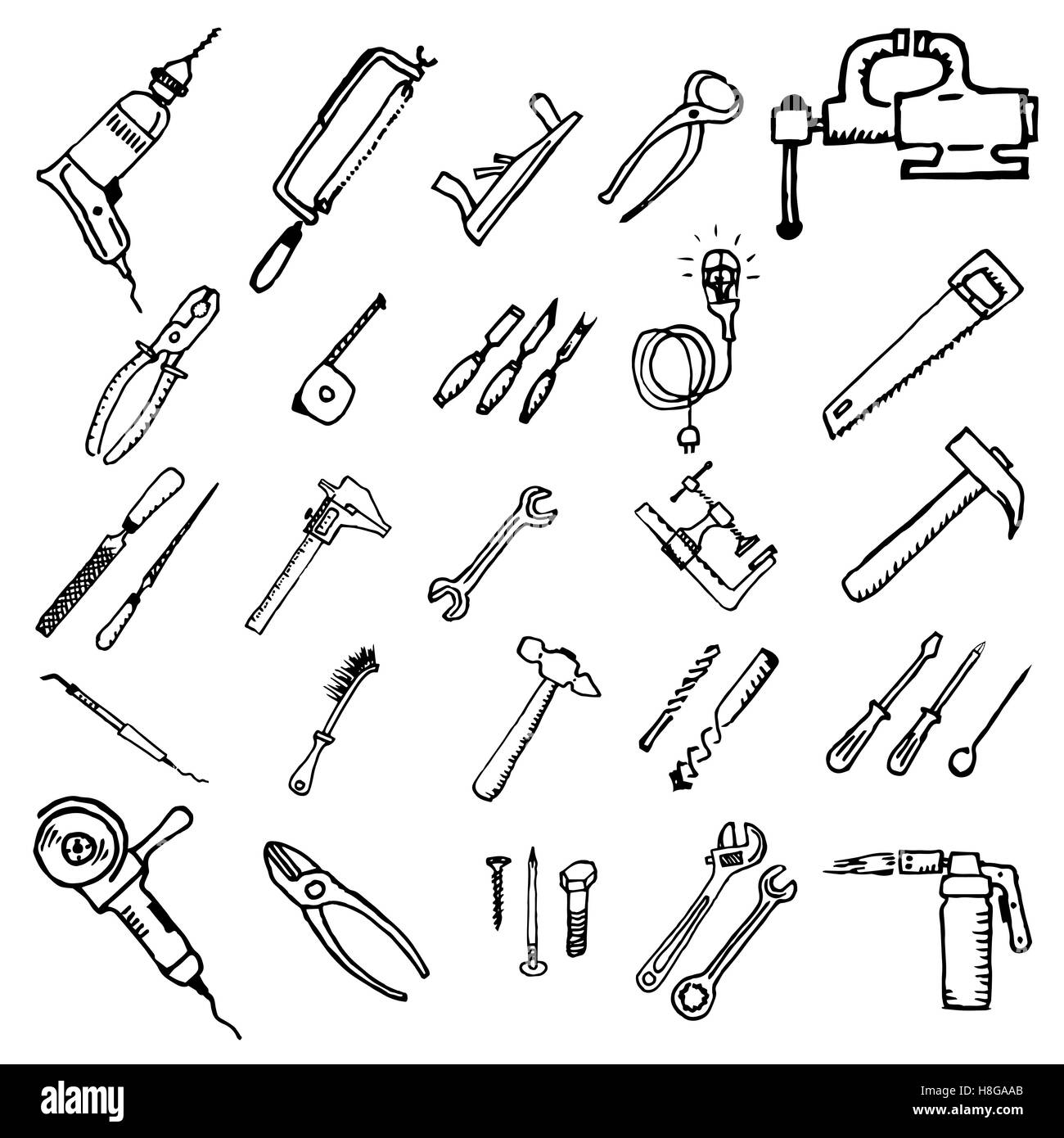 Outils à main pour la réparation. Faire vous-même. L'arrière-plan dessiné manuellement. Illustration de Vecteur