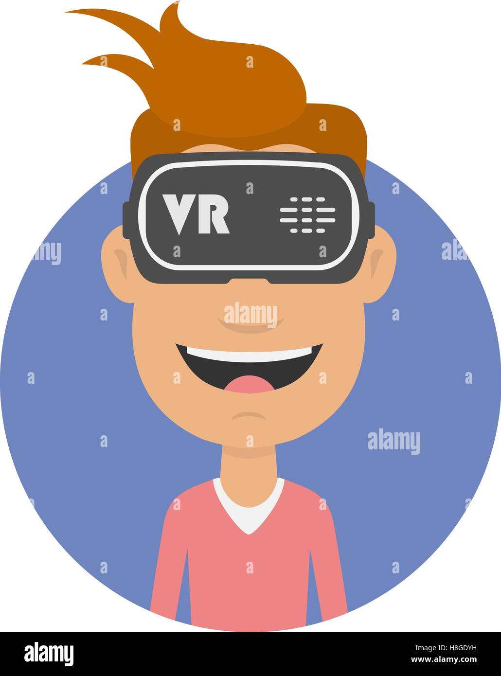 Joyeux et heureux homme de casque de réalité virtuelle. Cyber jeu technologies. VR lunettes télévision icône. La technologie VR. Cartoon virtual Illustration de Vecteur