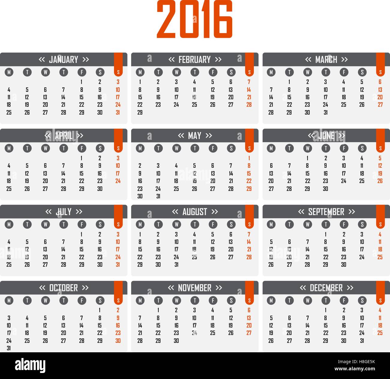 Calendrier pour 2016. Semaine commence le lundi Illustration de Vecteur