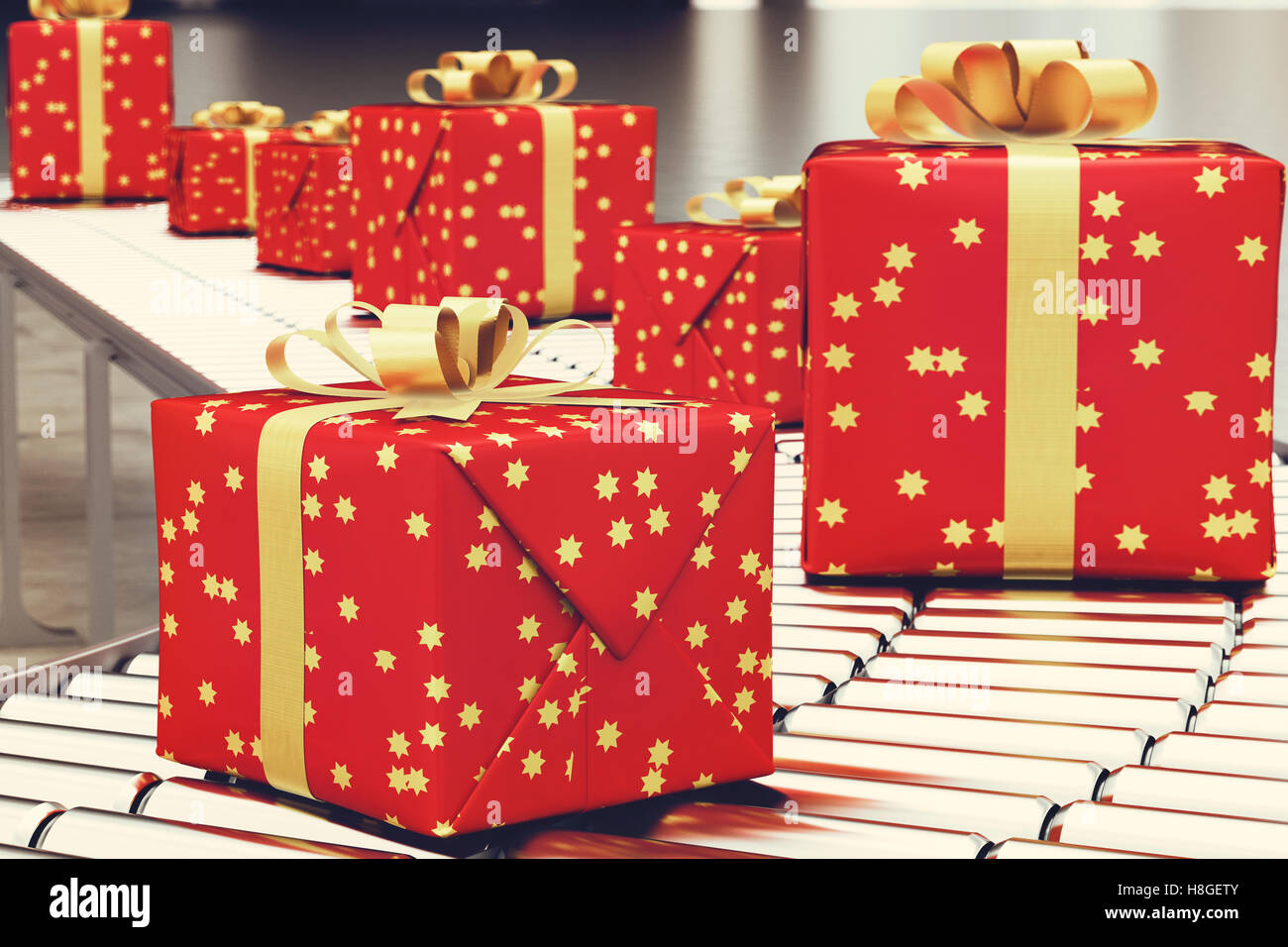 Boîte cadeau de Noël sur rouleau de transport. Le Rendu 3D Photo Stock -  Alamy