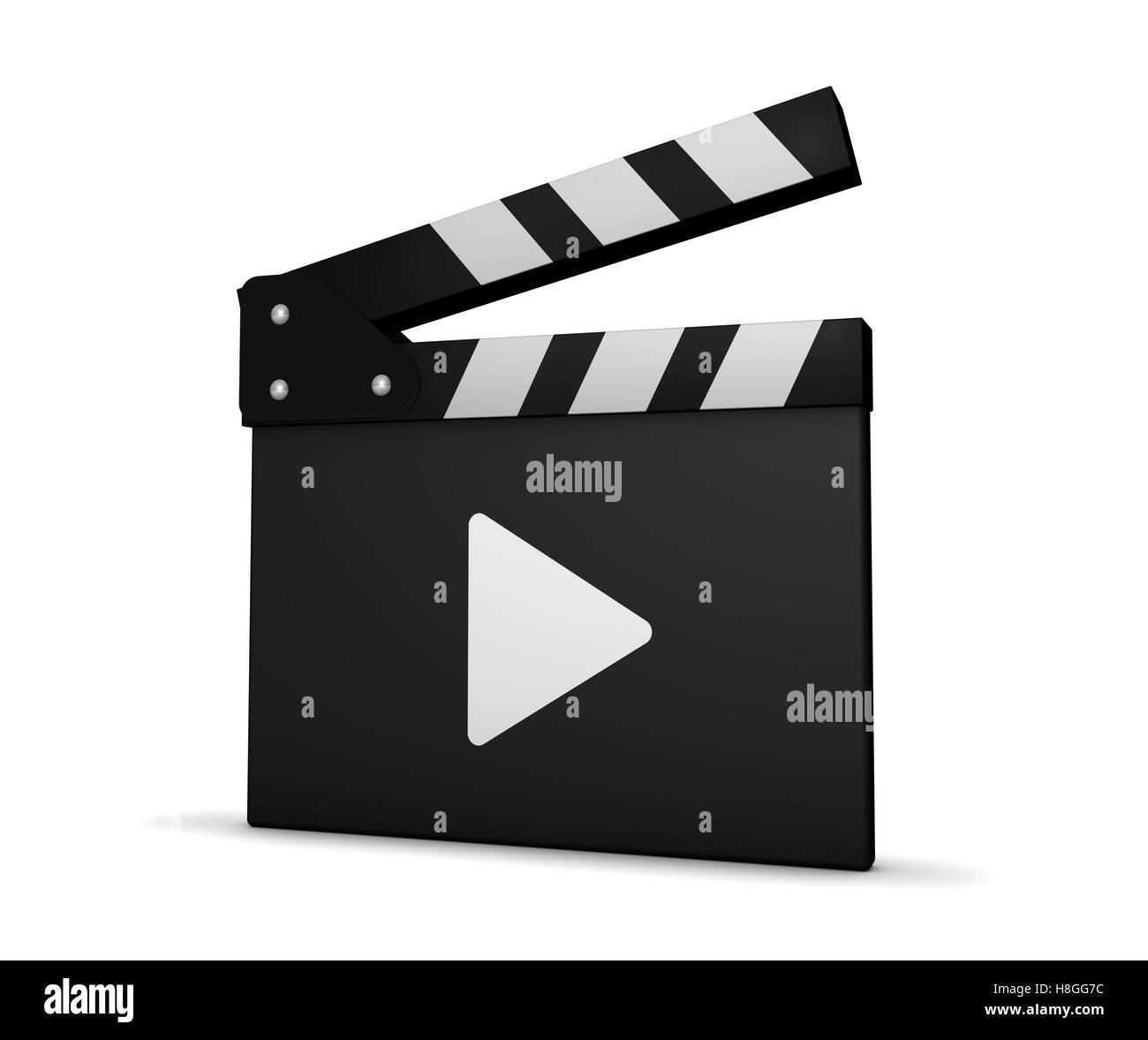 Film et vidéo clapper board à l'icône de lecture 3D illustration sur fond blanc. Banque D'Images
