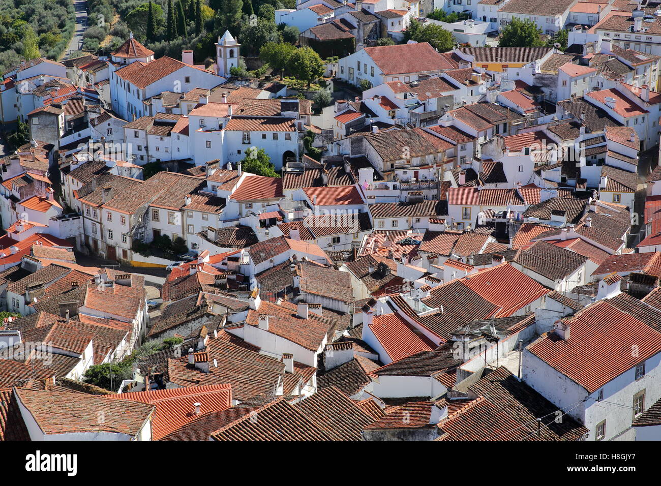 CASTELO DE VIDE, PORTUGAL : vue sur la vieille ville avec ses maisons blanchies à la chaux et les toits du château médiéval Banque D'Images