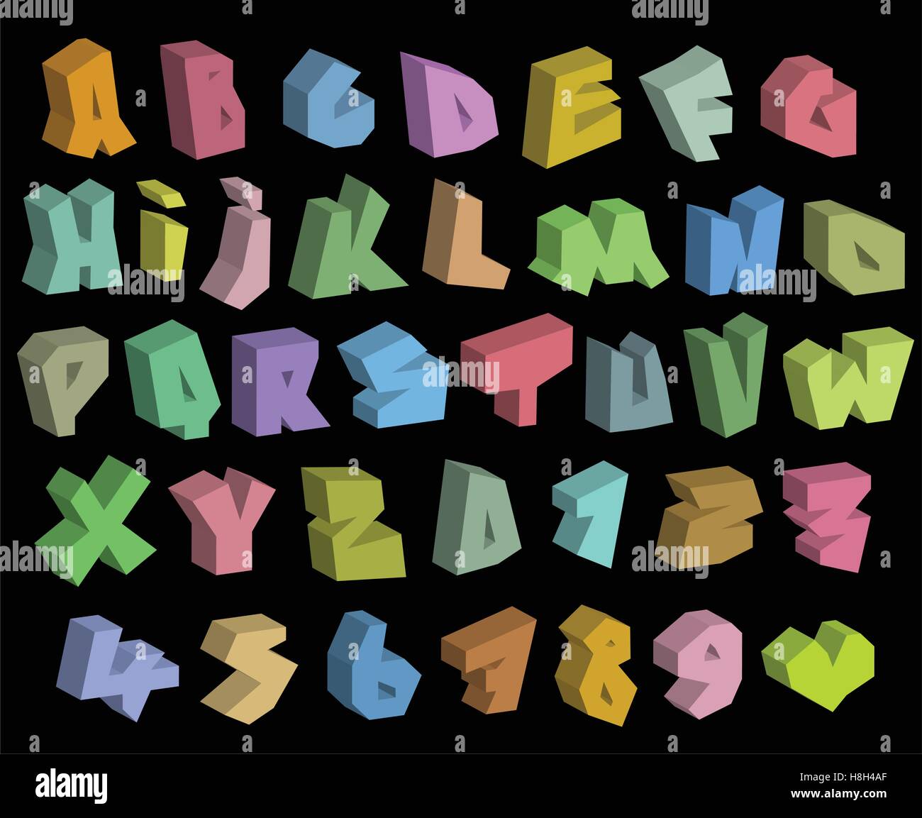 Polices couleur graffiti 3D'alphabet et nombre sur fond noir Illustration de Vecteur