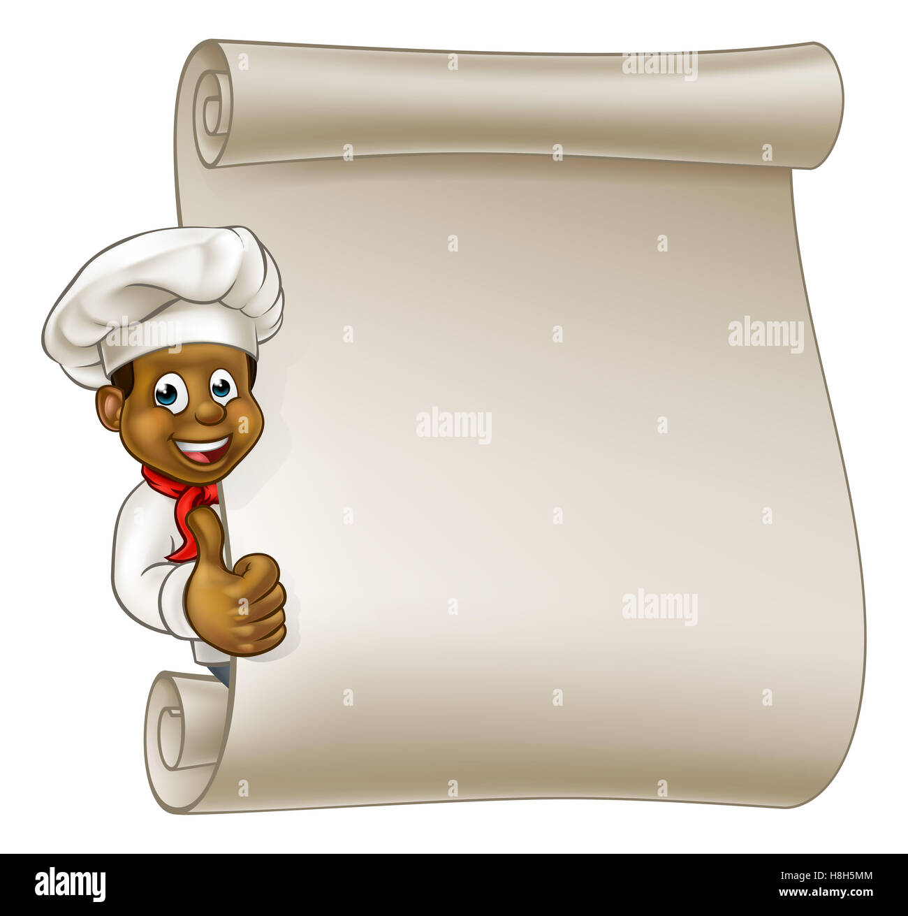 Cartoon caractères noirs ou chef Baker giving Thumbs up et jeter autour de signer ou faire défiler les articles du menu Banque D'Images