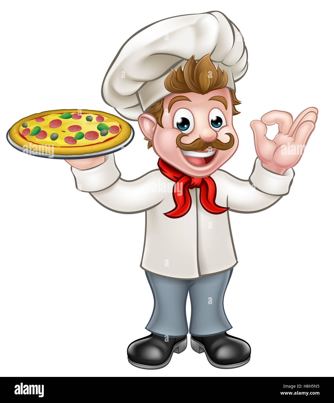 Cartoon caractères chef holding a pizza et donnant un geste cook delicious ok parfait Banque D'Images