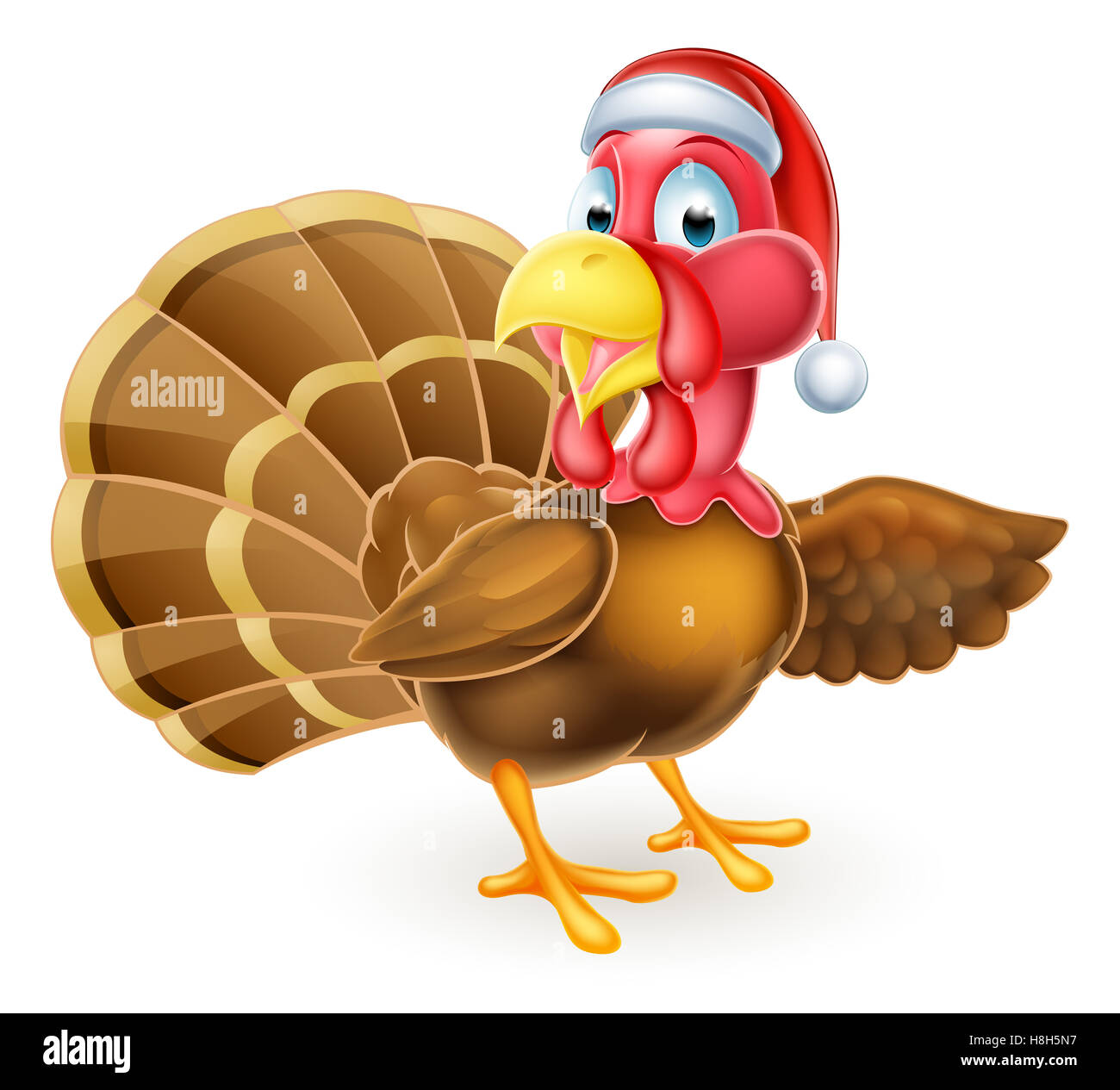 Cartoon Christmas turkey bird in Santa hat pointant avec son aile Banque D'Images