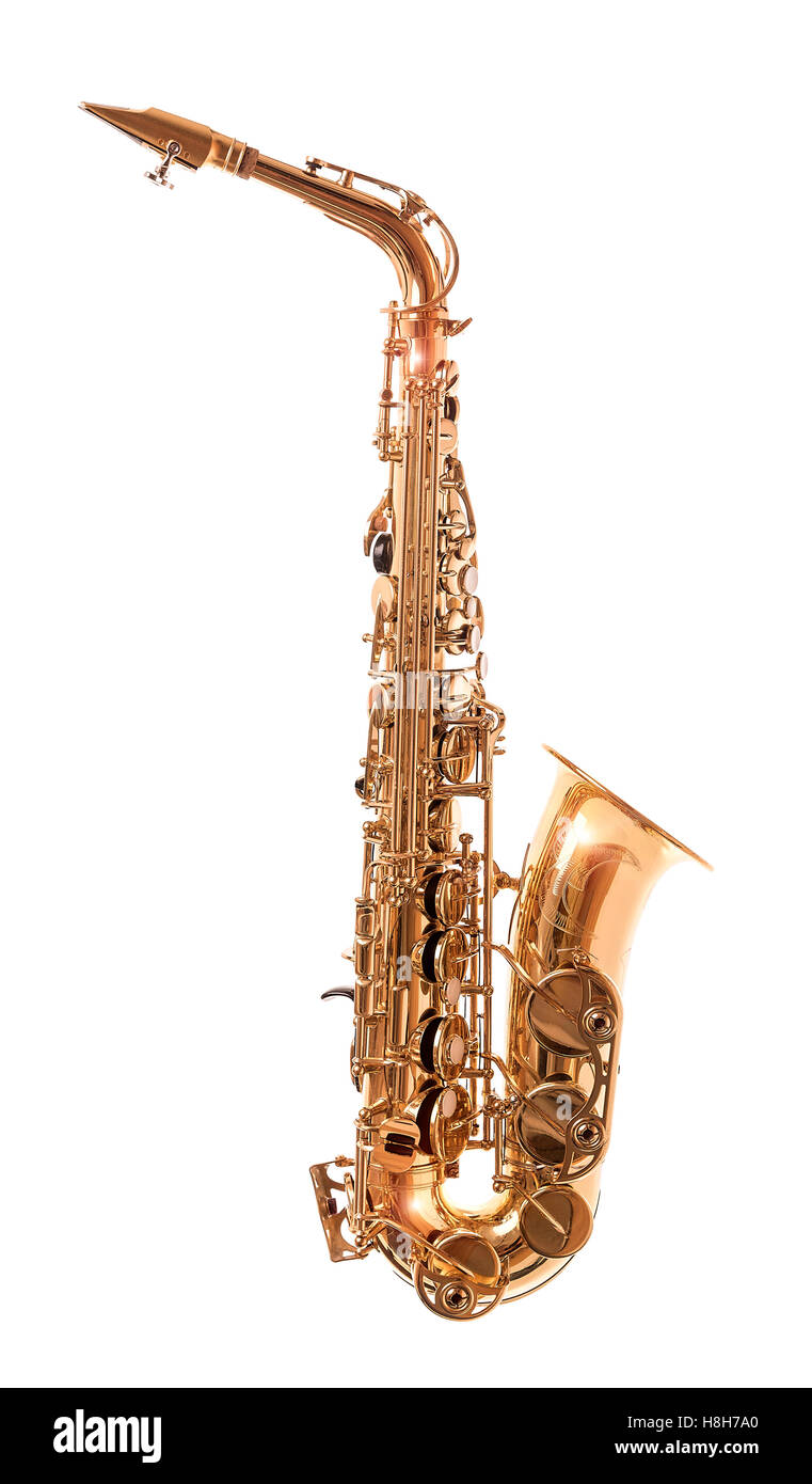 Saxophone or isolé sur blanc. Banque D'Images