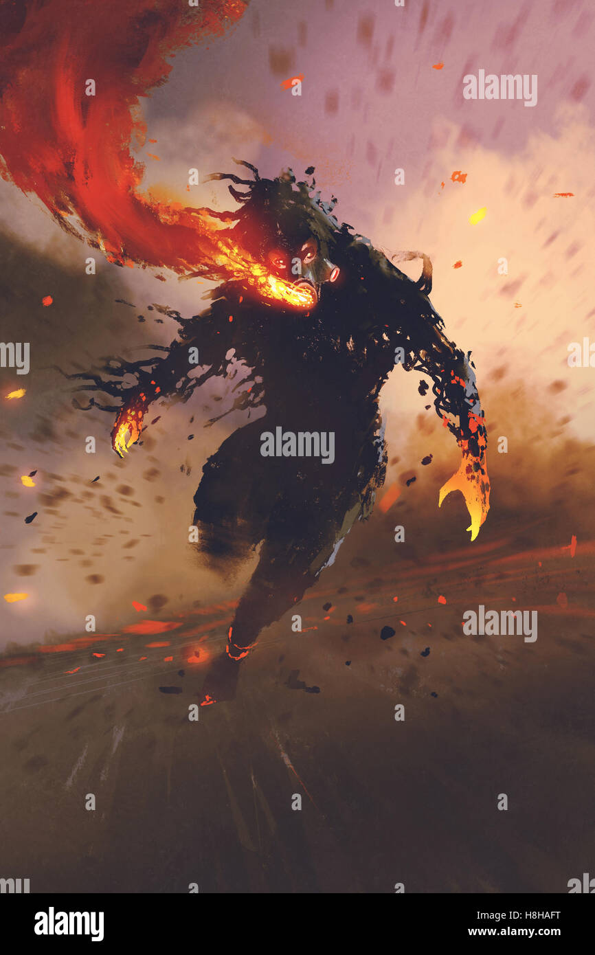 L'homme masque à gaz la respiration feu flamme,illustration peinture Banque D'Images