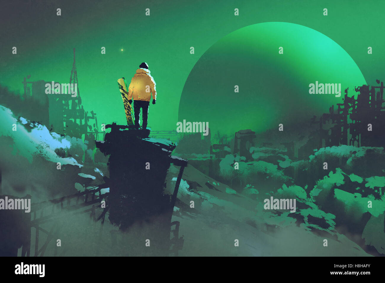 Homme avec un snowboard debout contre paysage d'hiver avec la ville abandonnée,illustration peinture Banque D'Images