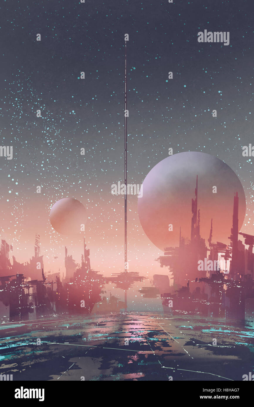 Vue aérienne de la ville de science-fiction avec bâtiments futuristes sur une planète inconnue,illustration peinture Banque D'Images