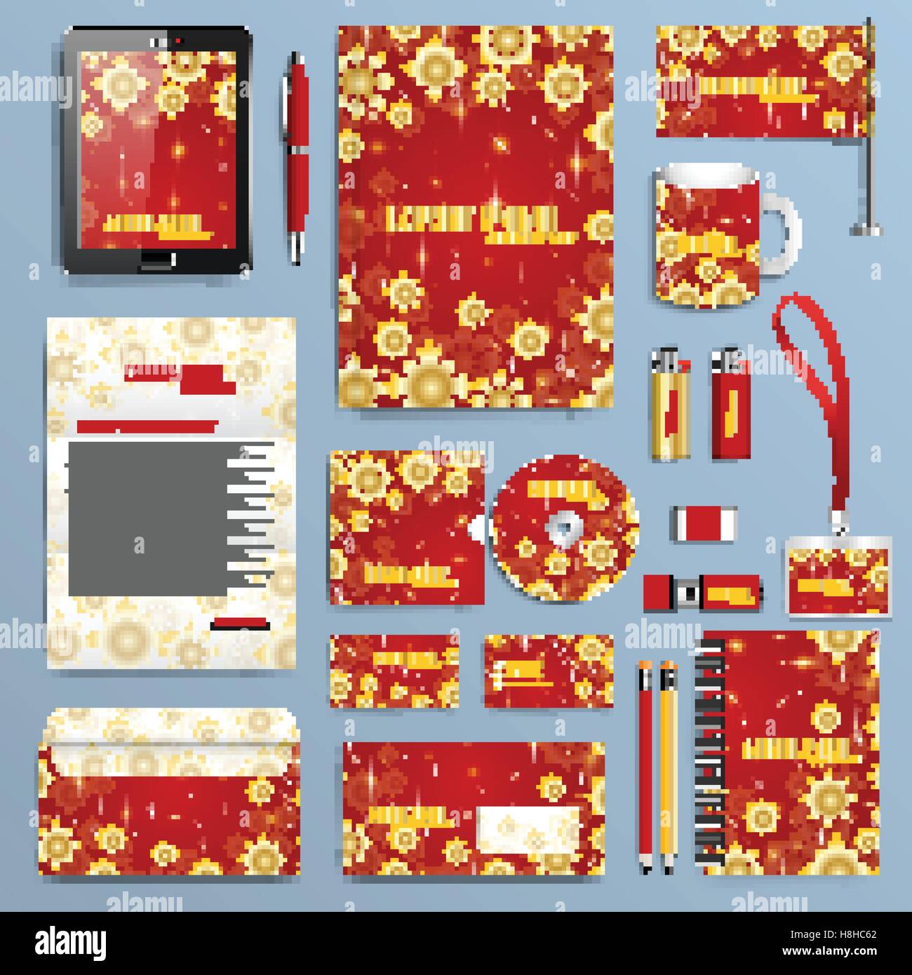 Vecteur de l'identité d'entreprise modèle. Noël et Nouvel An fond rouge avec des flocons d'or Illustration de Vecteur