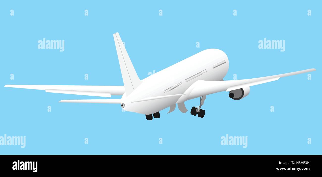 Avion de passagers blanc prend son envol sur fond de ciel bleu Illustration de Vecteur