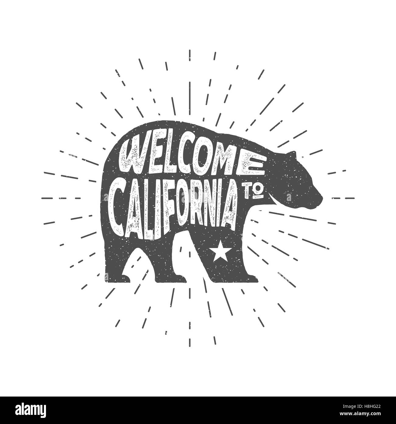République de Californie Vintage ours avec sunbursts. Welcome to California signe. Effet grunge. Isolées. Design lettrage dessiné à la main. Typographie étiquette de texte. Banque D'Images
