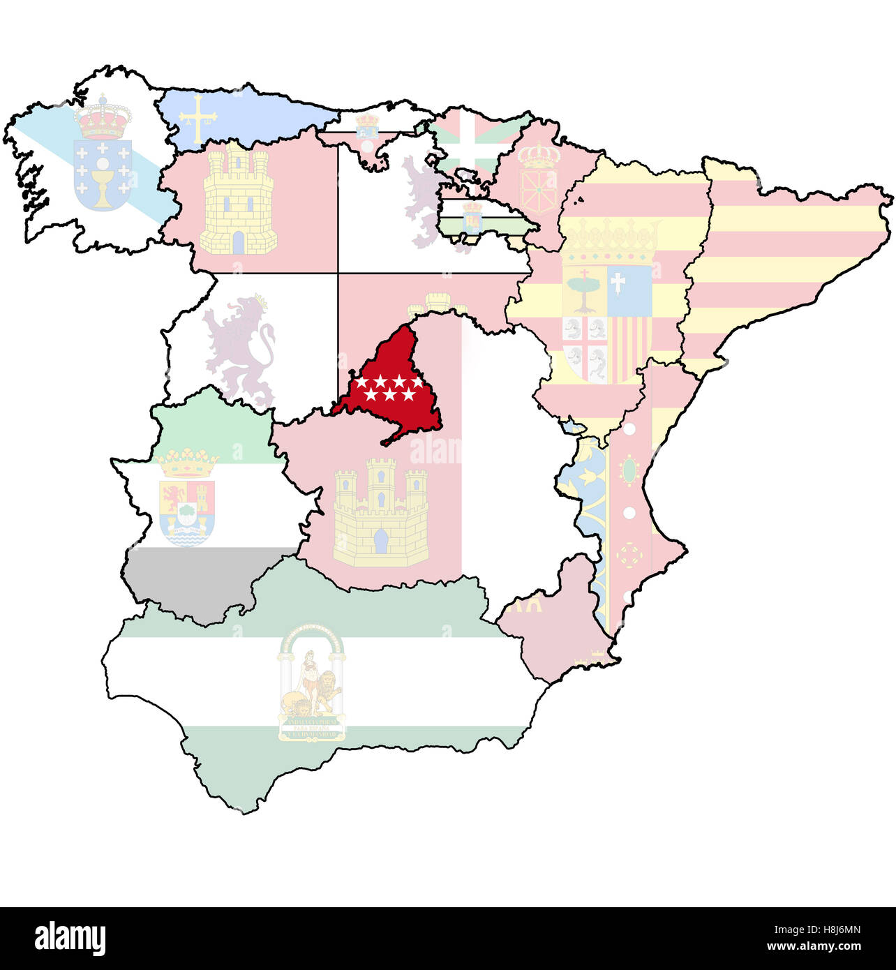 Communaute De Madrid Sur L Administration De La Region Carte Des Regions De L Espagne Avec Les Drapeaux Et Emblemes Photo Stock Alamy