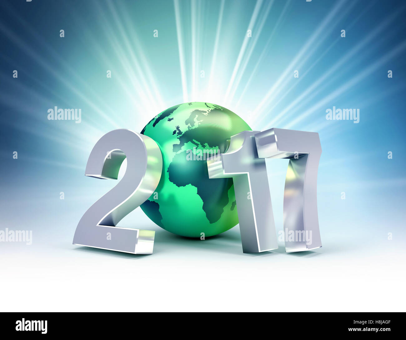 2017 Nouvelle année type composé d'un livre vert de la planète terre, sur un fond bleu brillant - 3D illustration Banque D'Images