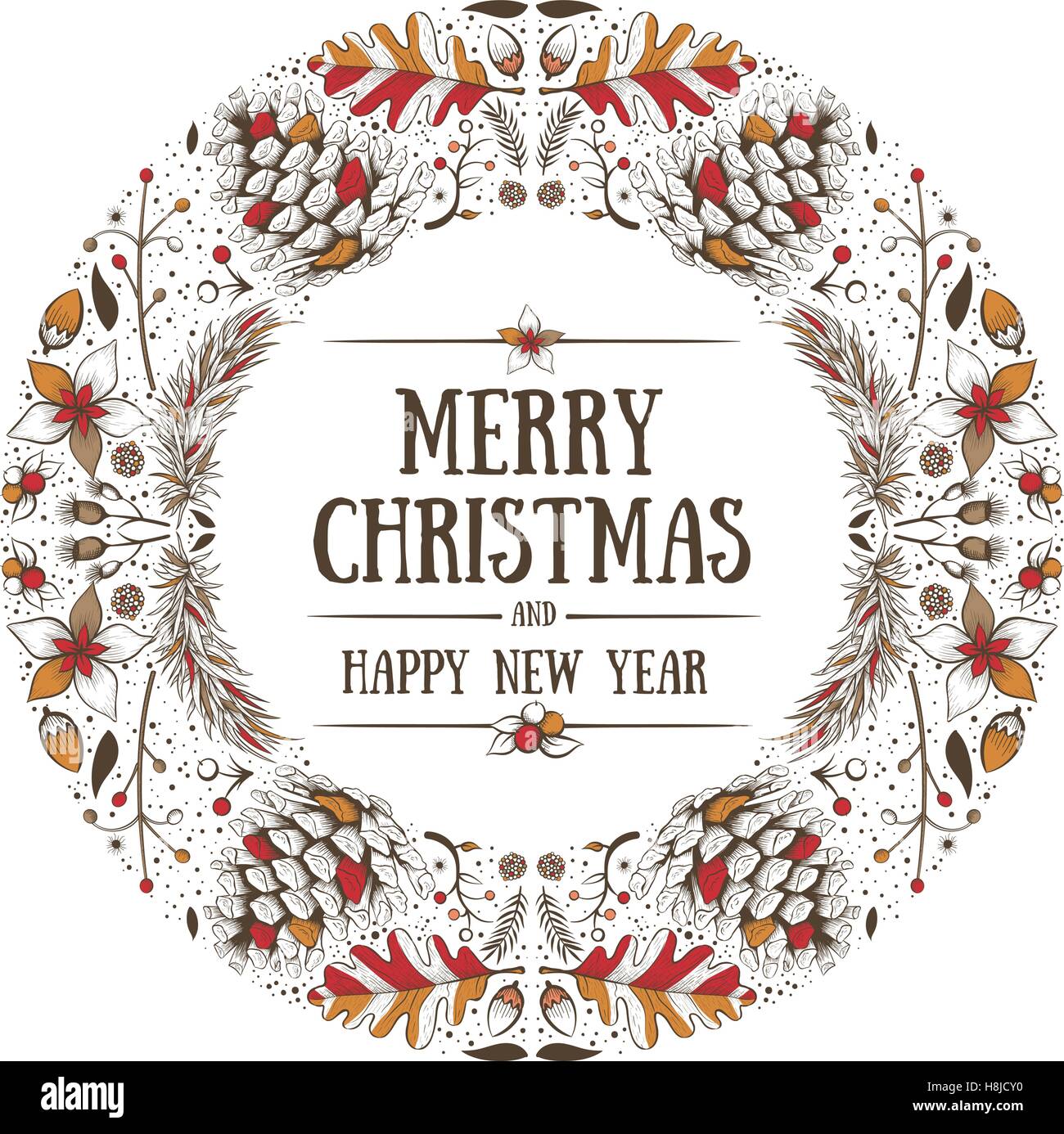 Cadre de Noël ronde vecteur dessiné à la main avec des éléments naturels de l'hiver. Carte de vœux de Noël. Illustration de Vecteur