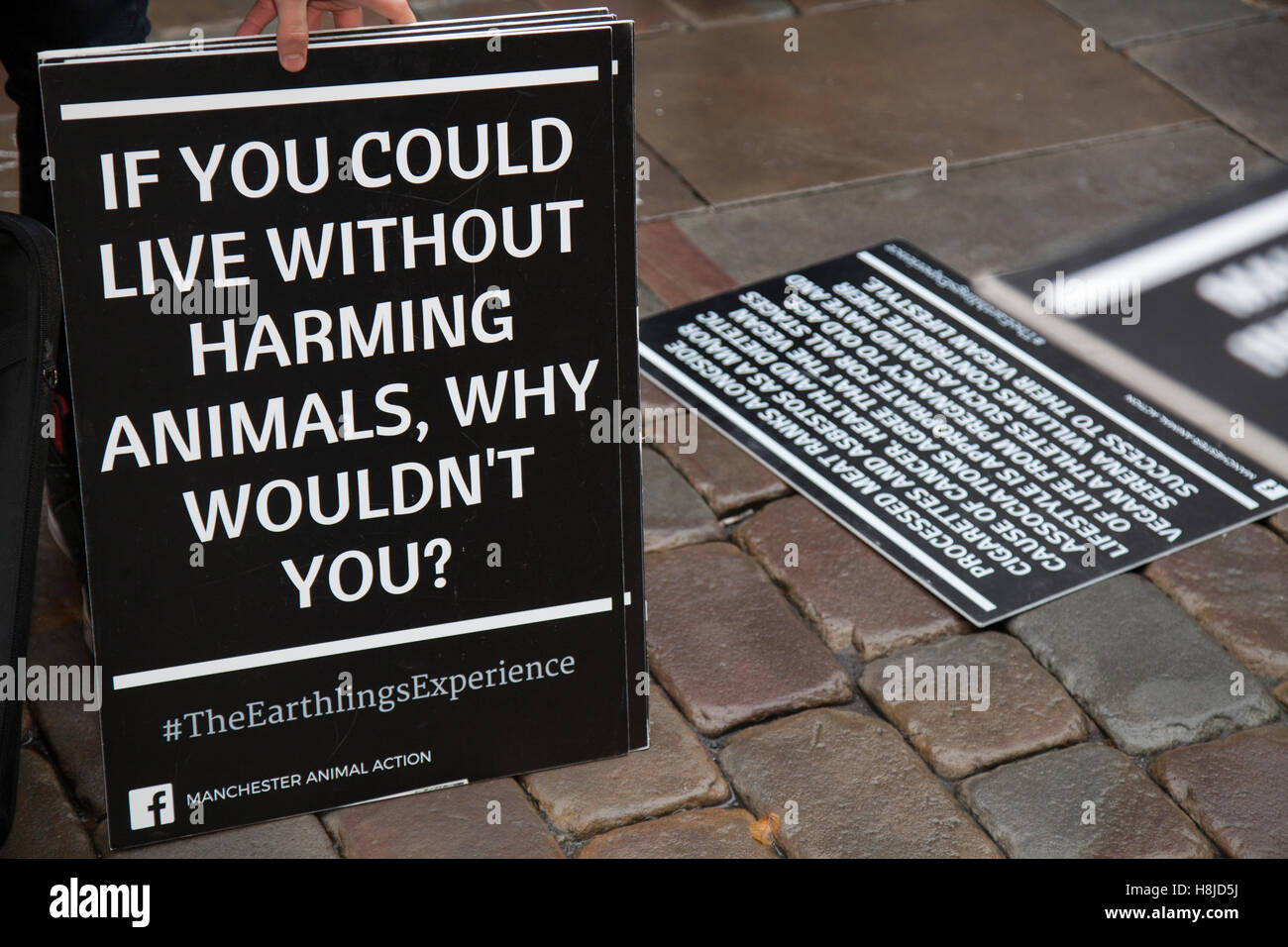 Végétarisme, végétalien, végétarien, végétalien, aliments diététiques végétaliens;Bien-être des animaux Billboard promouvoir le végétarisme comme des affiches de groupe de droits des animaux masqués, aller mouvement végétalien contre l'agriculture animale et les tests.« The Earthlings Experience » présente une démonstration de flash mob végétarienne à Manchester Piccadilly, Royaume-Uni Banque D'Images