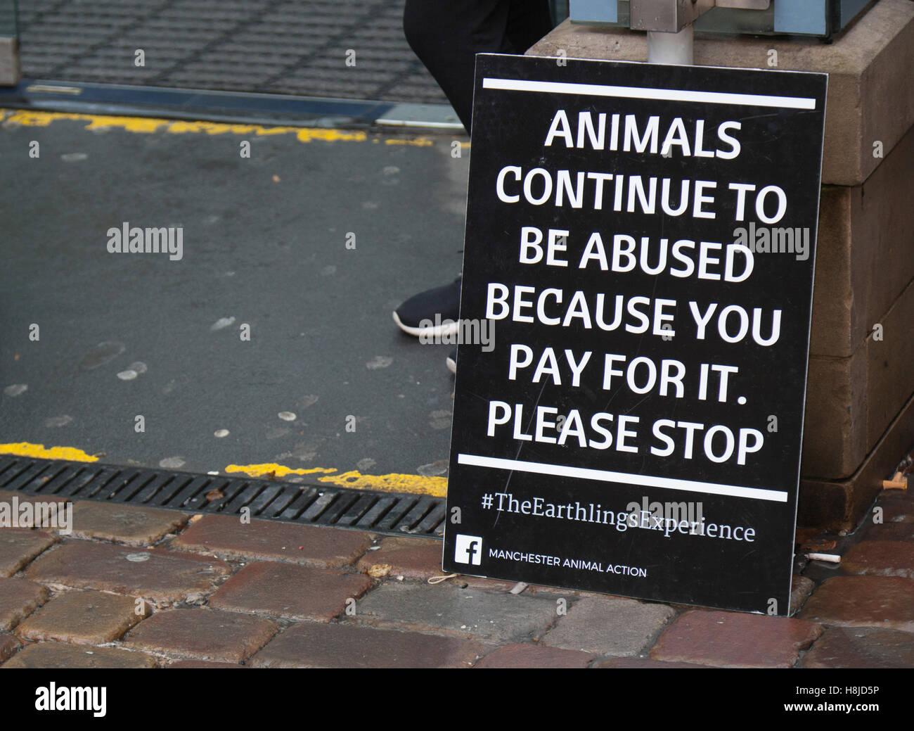 Végétarisme, végétalien, végétarien, végétalien, aliments diététiques végétaliens;Bien-être des animaux Billboard promouvoir le végétarisme comme des affiches de groupe de droits des animaux masqués, aller mouvement végétalien contre l'agriculture animale et les tests.« The Earthlings Experience » présente une démonstration de flash mob végétarienne à Manchester Piccadilly, Royaume-Uni Banque D'Images