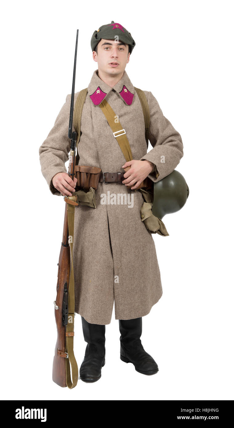 Jeune soldat soviétique avec l'hiver, uniforme wwii, isolé sur fond blanc  Photo Stock - Alamy