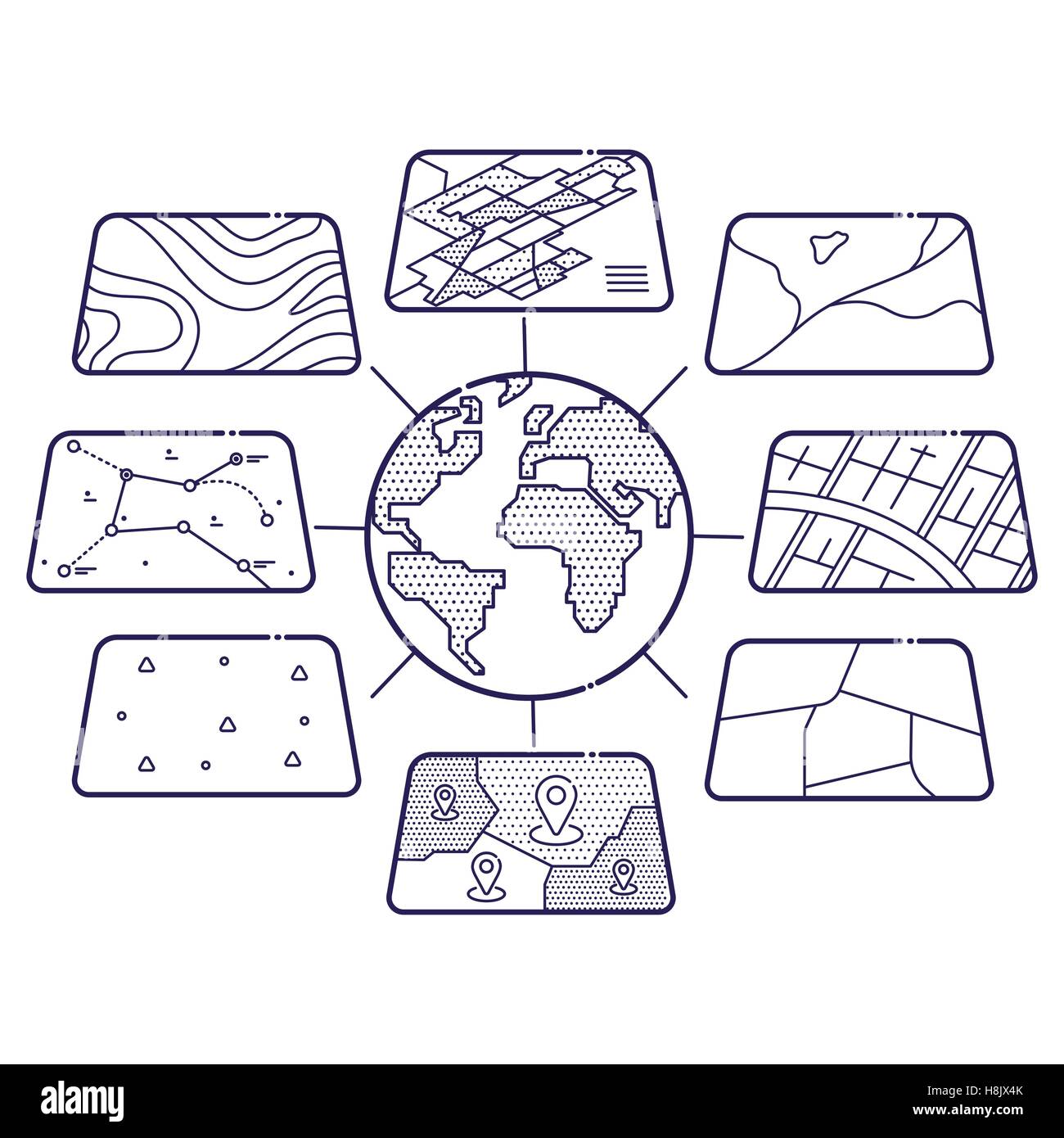 Vector Illustration de couches de données spatiale SIG Concept pour l'infographie, les systèmes d'information géographique, Icônes design, Style Liner Illustration de Vecteur