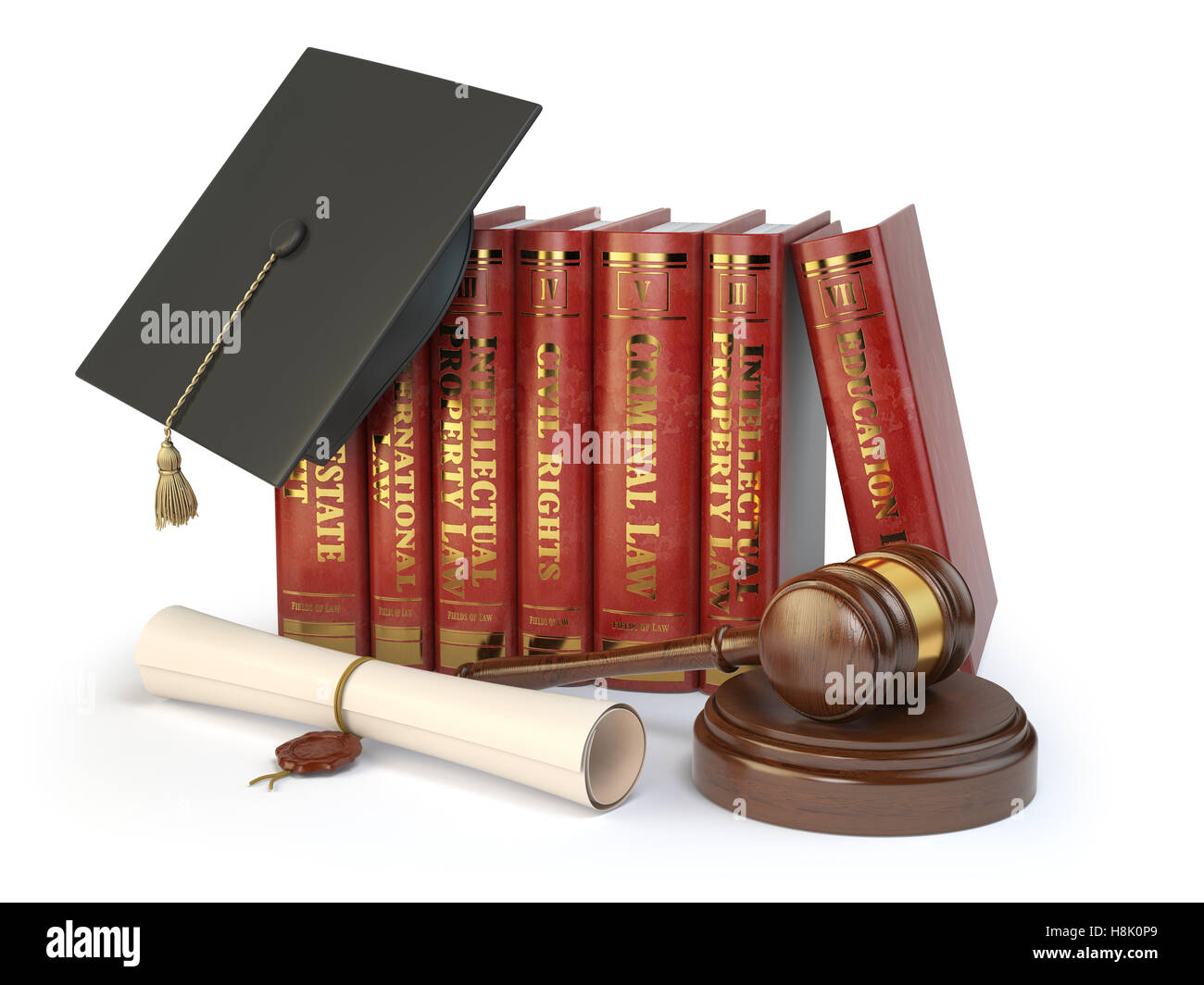 La justice, de l'apprentissage différents domaines de droit concept. Livres, graduation hat, juge gavel et diplôme isolé sur blanc. Illustr 3d Banque D'Images