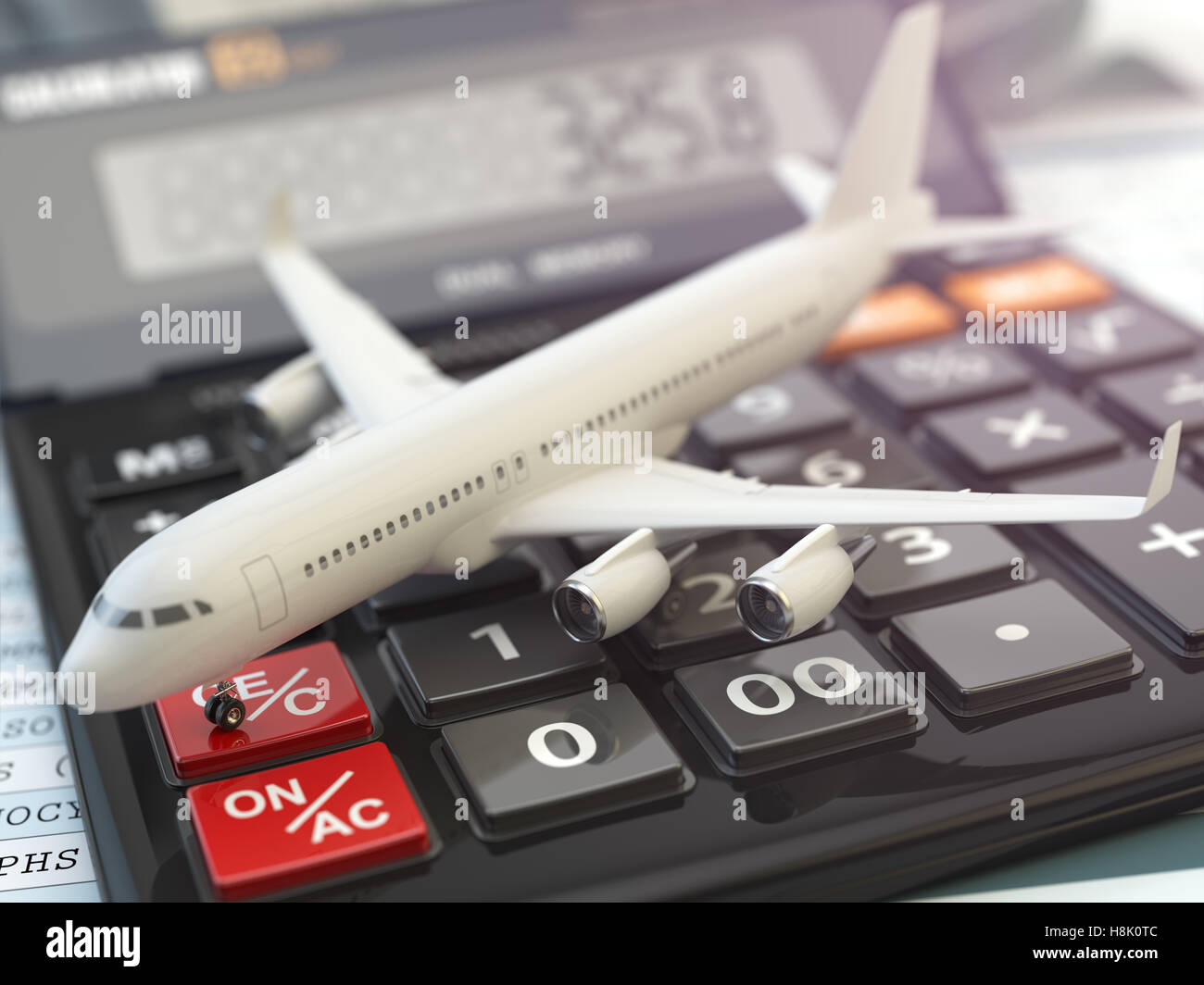 Calcul des coûts de voyage concept. Avion et Calculatrice. Vol les moins  chers. 3d illustration Photo Stock - Alamy