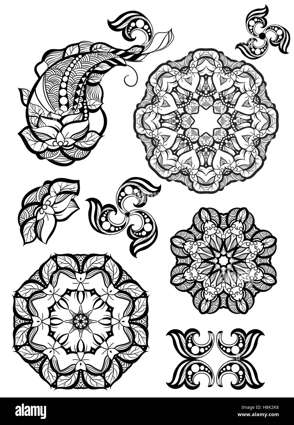 Les éléments ornementaux mehendi et mandala collection. Tatouage au henné indien set. Style Oriental design décoratif modèl Illustration de Vecteur