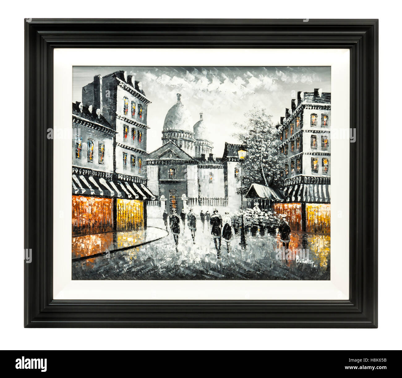 Huile sur toile encadrée d'origine d'une scène de rue Paris, signé 'Burnett' Banque D'Images