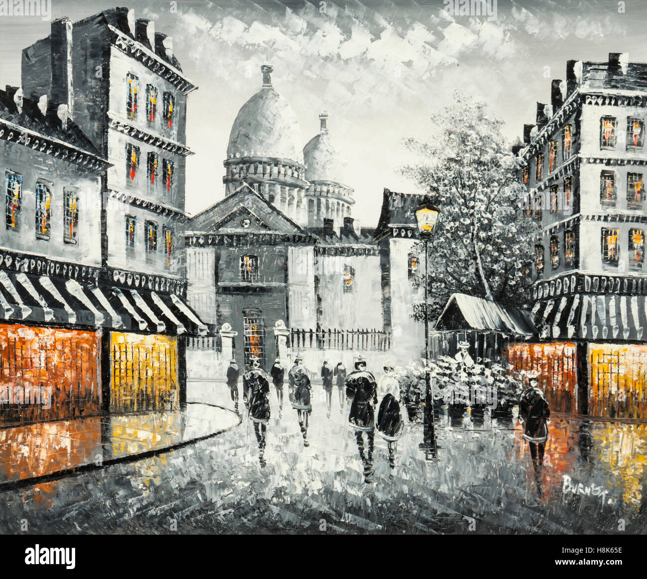 Peinture à l'huile originale sur toile d'une scène de rue Paris, signé 'Burnett' Banque D'Images