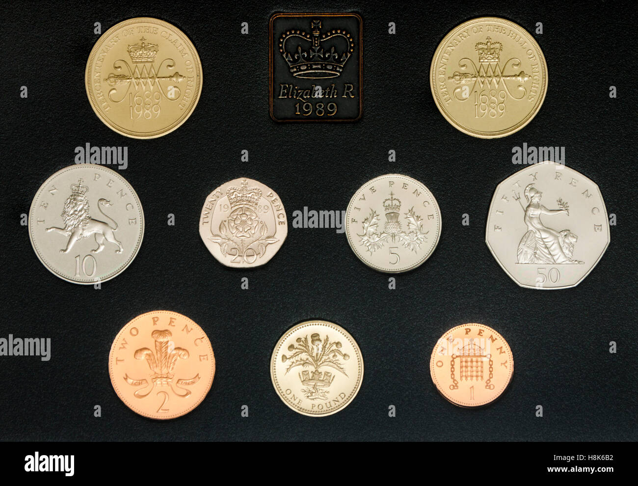 Royal Mint ensemble complet de Royaume-uni la preuve des crédits pour l'année 1989 commémore le tricentenaire de la Déclaration des droits Banque D'Images
