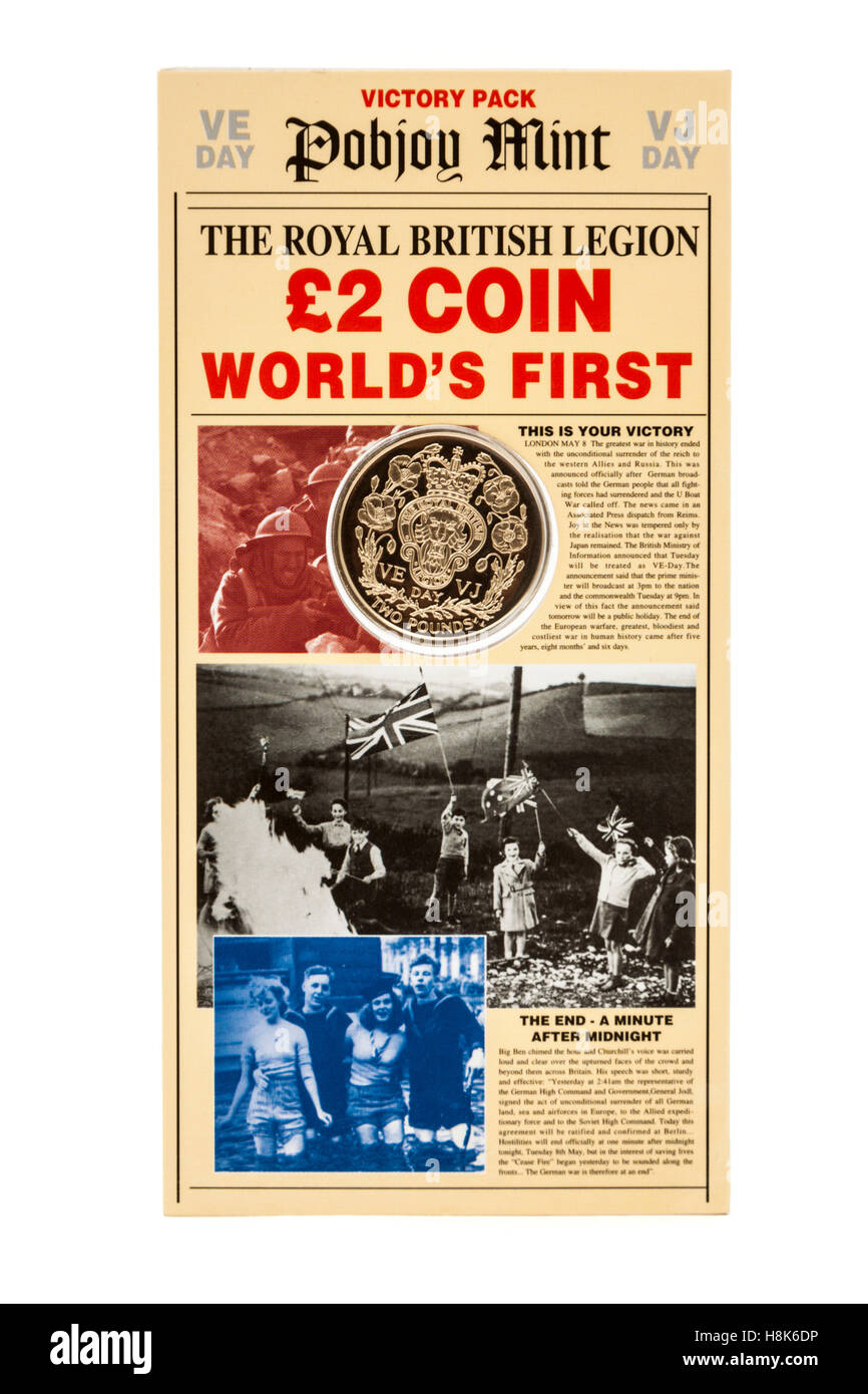 2 € commémorative (le jour de la Victoire en Europe) pièces émises par la Pobjoy Mint (île de Man) pour la Royal British Legion en 1995. Banque D'Images
