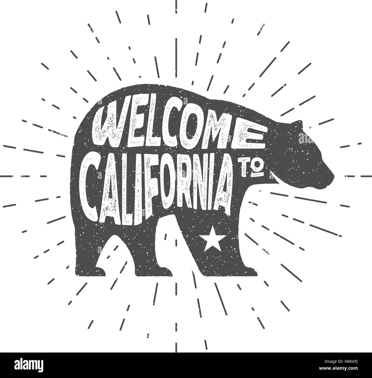 République de Californie Vintage ours avec sunbursts. Welcome to California signe. Effet grunge. Isolées. Design lettrage dessiné à la main. Typographie étiquette de texte. Illustration de Vecteur