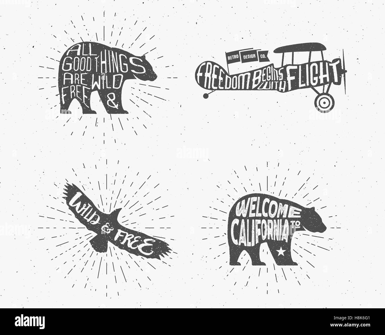 Ensemble de lettrage dessiné à la main silhouette Vintage des slogans. Retro design animal monochrome avec inspiration typographie. Ours, aigle, l'avion. Texte de motivation de fond sauvage et libre. La solarisation. Vector Illustration de Vecteur