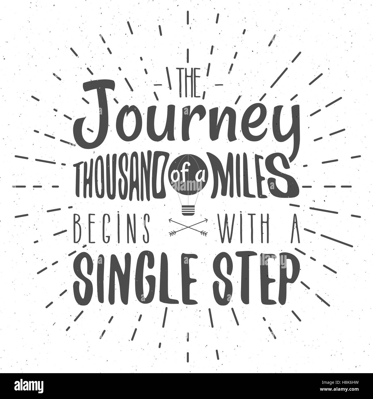 Typographie rétro Arrière-plan avec des fautes de devis - un voyage de mille kilomètres commence par un seul pas. La conception de scénario. Lettrage dessiné à la main avec l'affiche de ballon, flèches, sunbursts. Isolées. Illustration de Vecteur