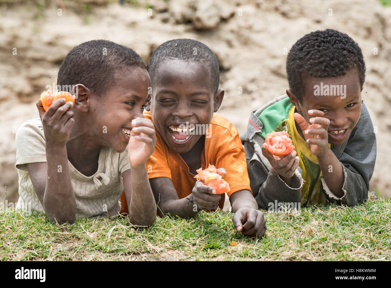 Meki Batu, Éthiopie - Les jeunes enfants de rire et de manger des tomates à la coopérative de producteurs de fruits et légumes à Meki Batu. Banque D'Images