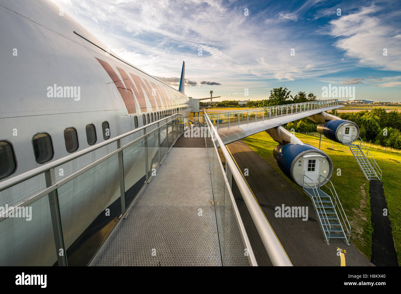 Stockholm Arlanda, Suède, le Jumbo - Séjour (Jumbohostel), une auberge de jeunesse qui est un ancien avion de Boeing 747. Il est situé à th Banque D'Images