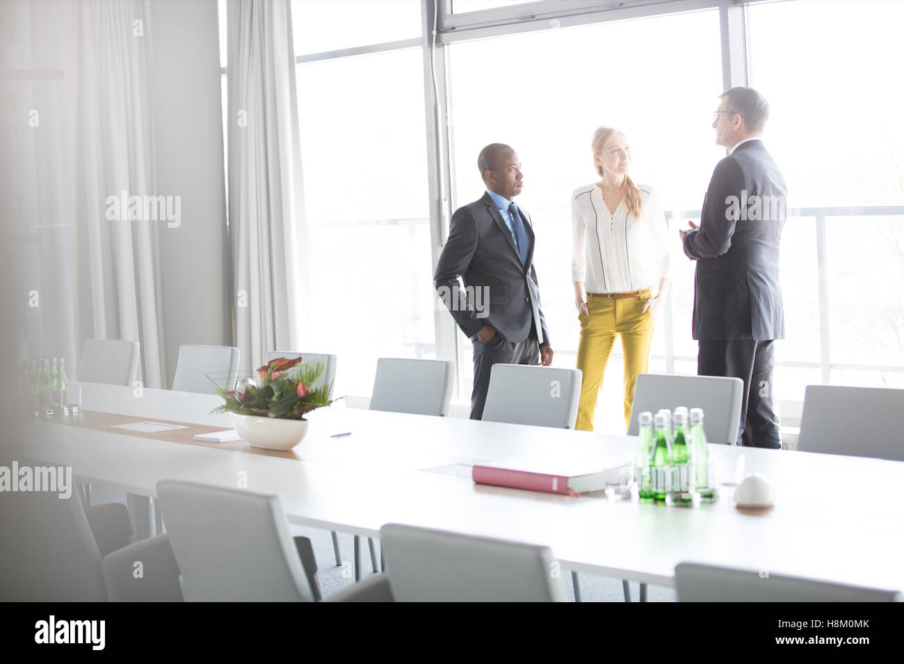 Business people talking while standing by conference table Banque D'Images