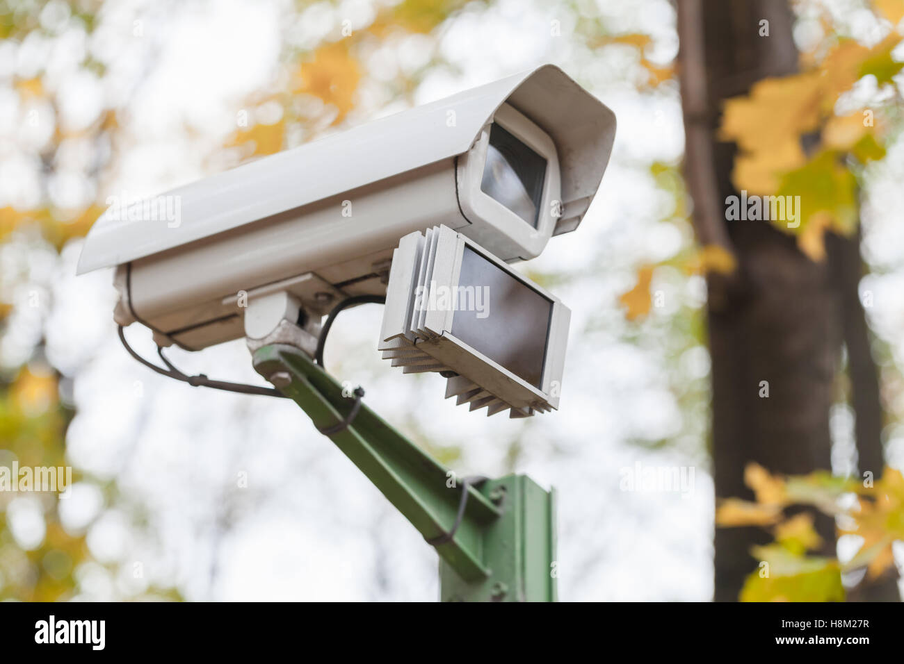 Photo en gros plan d'une caméra de surveillance extérieure avec détecteur de mouvements dans le parc en automne Banque D'Images