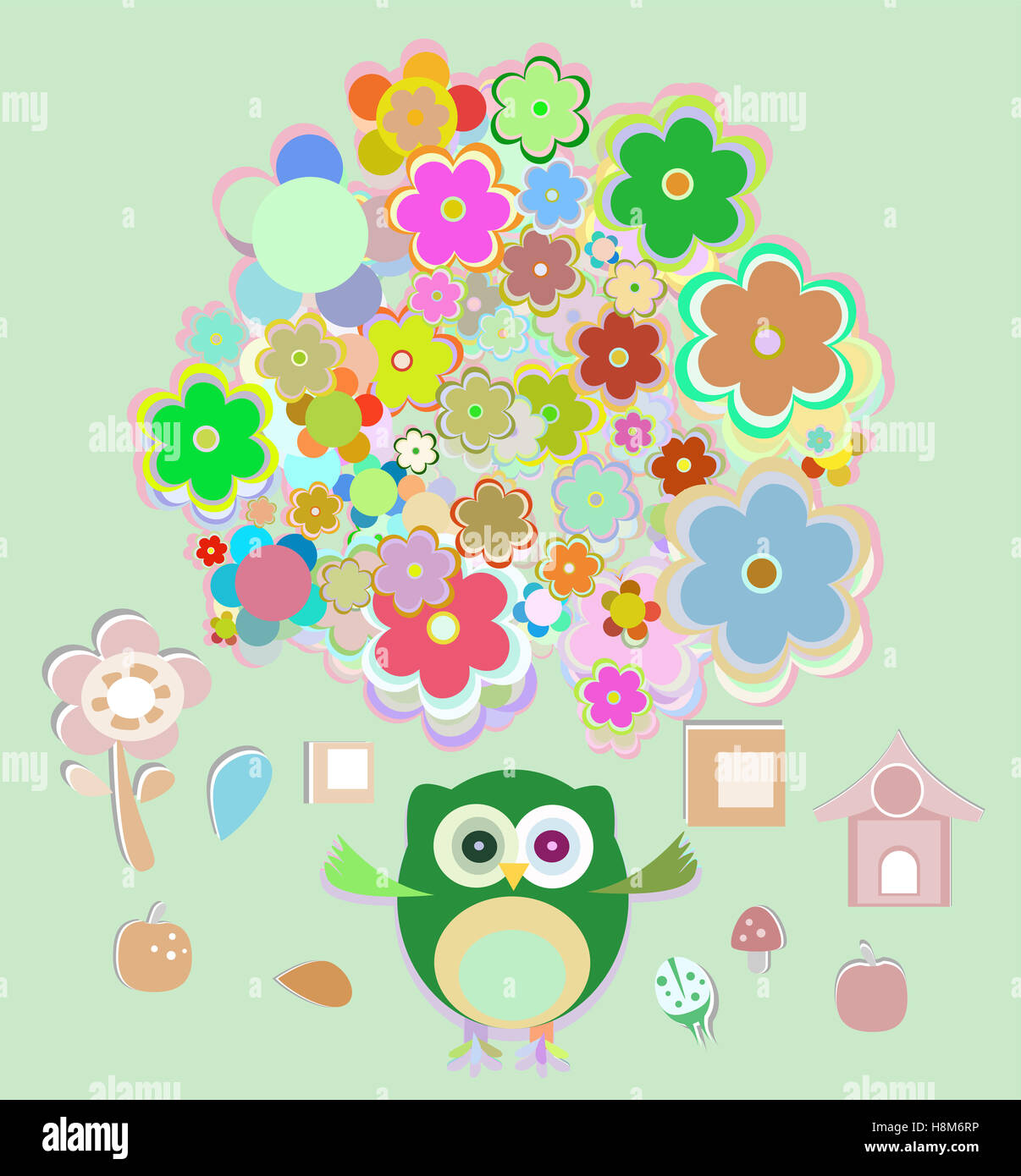 Cute owl avec beaucoup de fleurs Banque D'Images