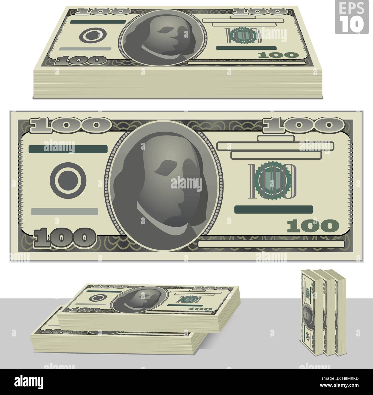 One hundred dollar bill et des piles d'argent isolated on white Illustration de Vecteur