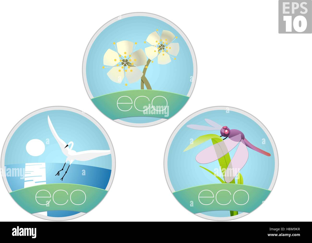 Des éco-labels ou des icônes pour les océans, oiseaux, insectes, plantes, fleurs de cerisier Illustration de Vecteur