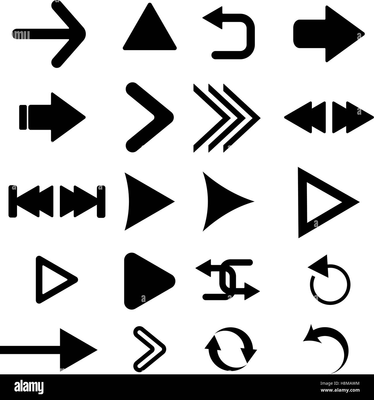 Bouton flèche vector icon set couleur noir sur fond blanc. Ligne interface isolée symbole pour app, web et musique digital illu Illustration de Vecteur