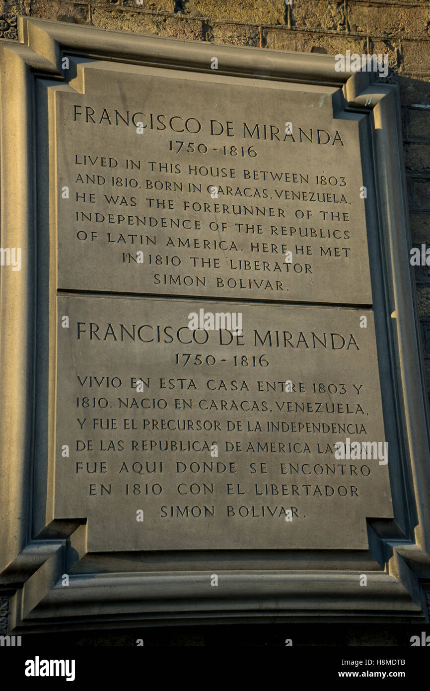 Plaquette d'indépendance latino-américaine patriot Francisco de Miranda à l'extérieur du consulat vénézuélien à Londres, Royaume-Uni Banque D'Images